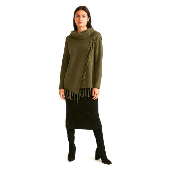 Lagenlook Oversized Fringed Woman's Sweater Sz. L Olive Green Fringed Boho Knit - Picture 1 of 8